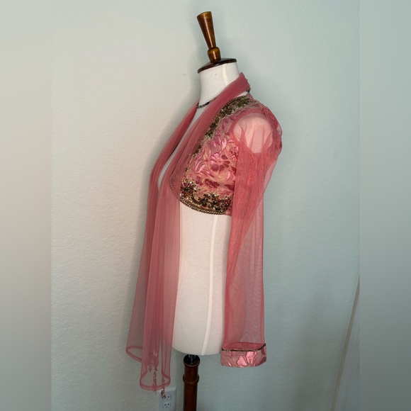 Rare Vintage Indian Pink Sheer Beaded with rhinestones & gems, Bolero with Scarf - Picture 3 of 9